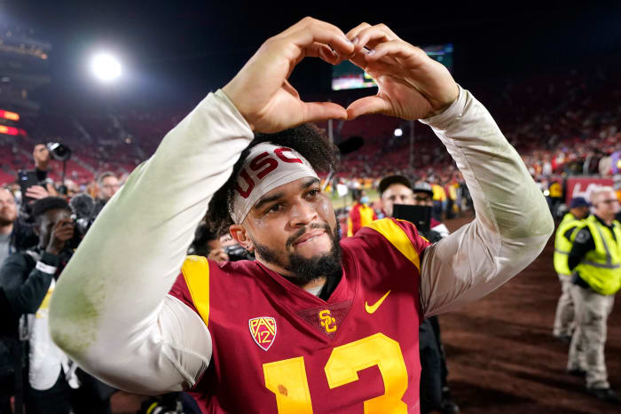 Caleb Williams salutes the crowd after USC’s win over Notre Dame.